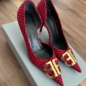 Balenciaga Red/Black Houndstooth Fabric BB Pointed Toe D'Orsay Pumps